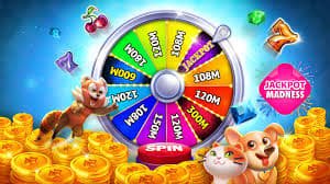 Colorful slot game interface showing multiple game tiles with themed symbols and reels